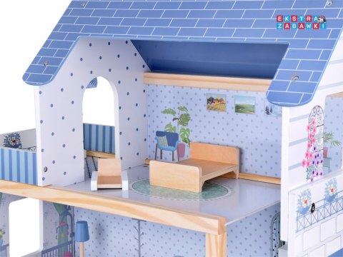[ZA5273] Drewniany błękitny domek dla lalek mebelki 3 piętra teras