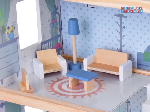 [ZA5273] Drewniany błękitny domek dla lalek mebelki 3 piętra teras