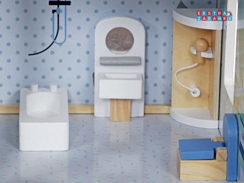 [ZA5273] Drewniany błękitny domek dla lalek mebelki 3 piętra teras