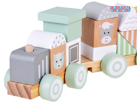 [ZA5262] Miętowa drewniana kolejka lokomotywa z wagonami i klockami 23 el.