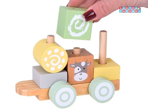 [ZA5262] Miętowa drewniana kolejka lokomotywa z wagonami i klockami 23 el.
