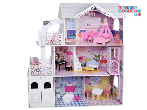 Duży Ażurowy Domek drewniany dla lalek + Winda Garaż Balkon Meble ZA5388
