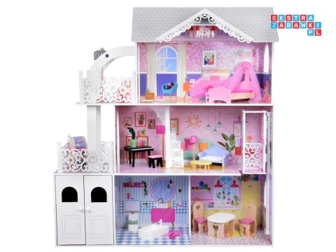 Duży Ażurowy Domek drewniany dla lalek + Winda Garaż Balkon Meble ZA5388