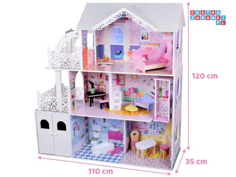 Duży Ażurowy Domek drewniany dla lalek + Winda Garaż Balkon Meble ZA5388