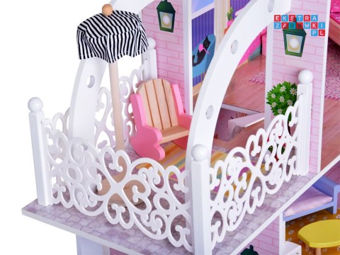 Duży Ażurowy Domek drewniany dla lalek + Winda Garaż Balkon Meble ZA5388