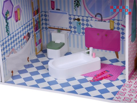 Duży Ażurowy Domek drewniany dla lalek + Winda Garaż Balkon Meble ZA5388