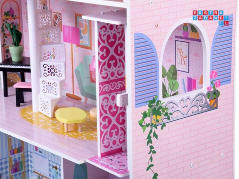 Duży Ażurowy Domek drewniany dla lalek + Winda Garaż Balkon Meble ZA5388