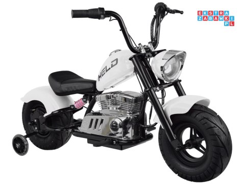 [PA0318] Motocykl Chopper na akumulator 24V/14Ah max 80kg manetka pompowane koła ekoskóra świecące cylindry - biały