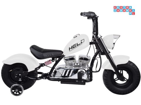 [PA0318] Motocykl Chopper na akumulator 24V/14Ah max 80kg manetka pompowane koła ekoskóra świecące cylindry - biały