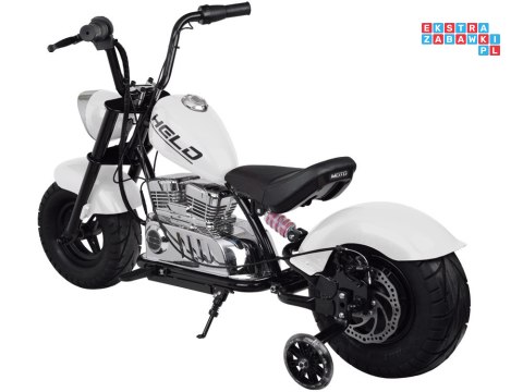 [PA0318] Motocykl Chopper na akumulator 24V/14Ah max 80kg manetka pompowane koła ekoskóra świecące cylindry - biały