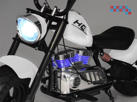 [PA0318] Motocykl Chopper na akumulator 24V/14Ah max 80kg manetka pompowane koła ekoskóra świecące cylindry - biały
