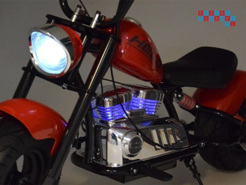 [PA0318] Motocykl Chopper na akumulator 24V/14Ah max 80kg manetka pompowane koła ekoskóra świecące cylindry - czerwony