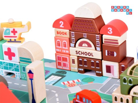 Pastelowy Zestaw Klocki drewniane Miasteczko + Mata puzzle 115 ele ZA5373