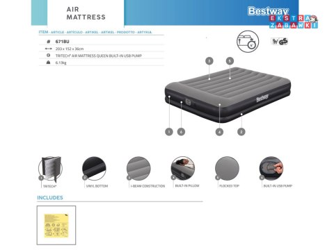 Bestway dmuchany Materac Tritech z wbudowaną pompką USB 152x203cm 671BU