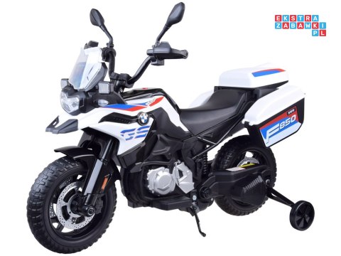 [PA0324] Duży motocykl BMW F850 GS na akumulator 12V/7Ah EVA panel muzyczny sakwy - biały