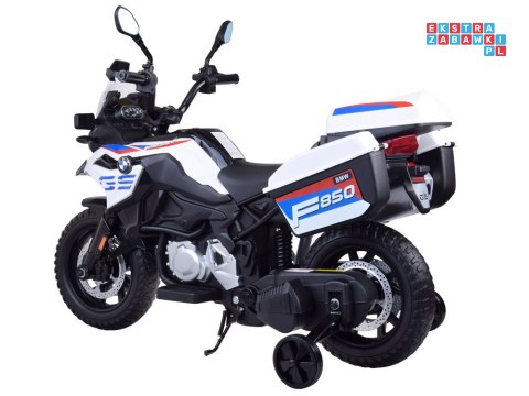 [PA0324] Duży motocykl BMW F850 GS na akumulator 12V/7Ah EVA panel muzyczny sakwy - biały