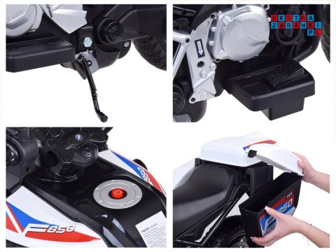 [PA0324] Duży motocykl BMW F850 GS na akumulator 12V/7Ah EVA panel muzyczny sakwy - biały