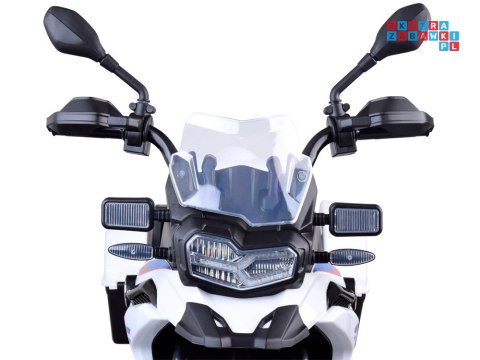 [PA0324] Duży motocykl BMW F850 GS na akumulator 12V/7Ah EVA panel muzyczny sakwy - biały