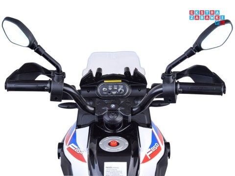 [PA0324] Duży motocykl BMW F850 GS na akumulator 12V/7Ah EVA panel muzyczny sakwy - biały
