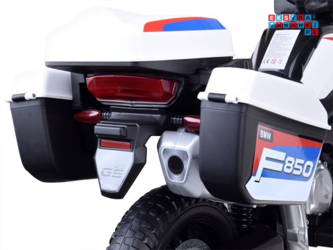 [PA0324] Duży motocykl BMW F850 GS na akumulator 12V/7Ah EVA panel muzyczny sakwy - biały