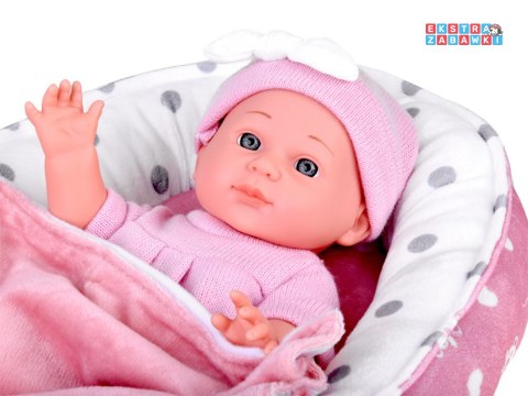[ZA5855] Lalka bobas z łóżeczkiem w różowym ubranku niemowlak