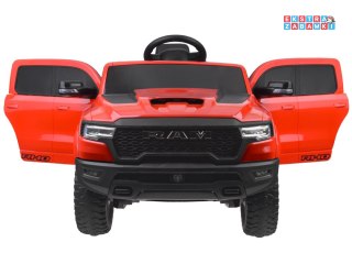 Czerwony Pickup RAM na akumulator - 4x25W, 12V/10Ah, z pilotem, ekoskóra, paka, wolny start - [PA0322]