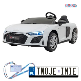 Białe Audi Spyder R8 Lift na akumulator - 2x200W, 24V/14Ah, ekoskóra - [A3000]