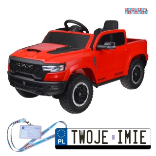 Czerwony Pickup RAM na akumulator - 4x25W, 12V/10Ah, z pilotem, ekoskóra, paka, wolny start - [PA0322]