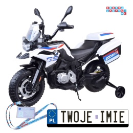 [PA0324] Duży motocykl BMW F850 GS na akumulator 12V/7Ah EVA panel muzyczny sakwy - biały