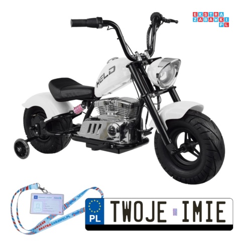 [PA0318] Motocykl Chopper na akumulator 24V/14Ah max 80kg manetka pompowane koła ekoskóra świecące cylindry - biały