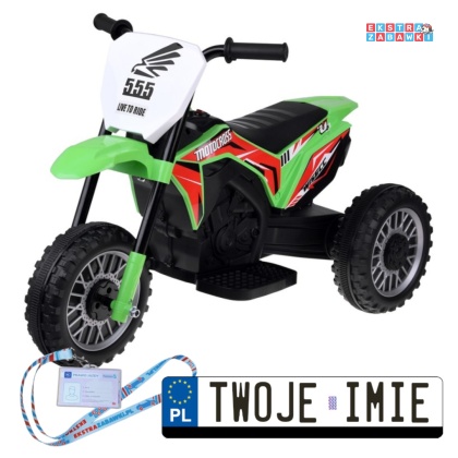 Zielony Motorek trójkołowy cross na akumulator - 1x30W 6V/4.5Ah, panel muzyczny - [PA0334]
