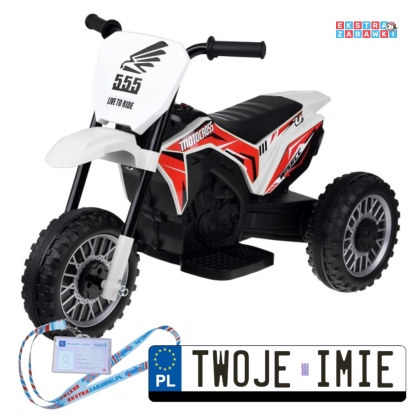 Biały Motorek trójkołowy cross na akumulator - 1x30W, 6V/4.5Ah, panel muzyczny - [PA0334]