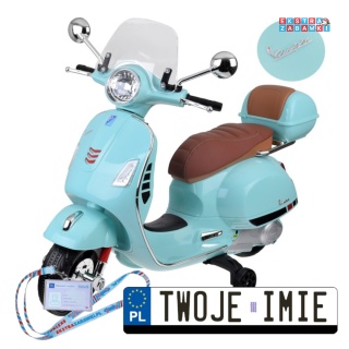 Turkusowy Skuter elektryczny VESPA GTS Super na akumulator - 2x30W, 12V/4.5Ah, ekoskóra, LED, panel muzyczny - [PA0333]