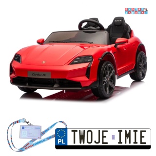 Czerwone Porsche Taycan Turbo S na akumulator - 2x45W, 12V/7Ah, ekoskóra, Bluetooth, pilot - [BDM0988]