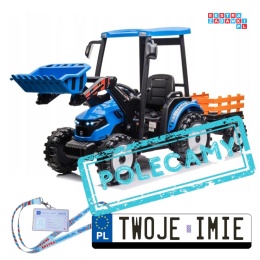 [JS3158B] Mega traktor D68 2x200W 24V/7Ah z łyżką i przyczepką ekoskóra, pilot, LED - niebieski
