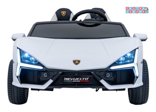 Białe Lamborghini Revuelto XL na akumulator - 4x200W, 24V/7Ah, EVA, Bluetooth, ekoskóra, pilot - [A500]