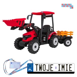 [JS3158B] Mega traktor D68 2x200W 24V/7Ah z łyżką i przyczepką ekoskóra, pilot, LED - czerwony