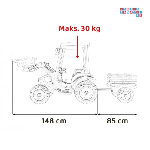 [JS3158B] Mega traktor D68 2x200W 24V/7Ah z łyżką i przyczepką ekoskóra, pilot, LED - czerwony