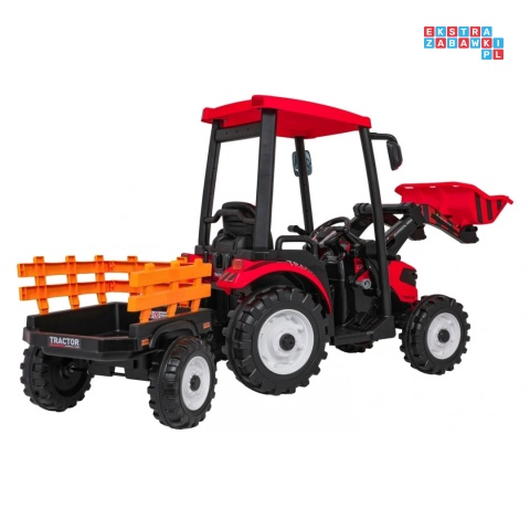 [JS3158B] Mega traktor D68 2x200W 24V/7Ah z łyżką i przyczepką ekoskóra, pilot, LED - czerwony