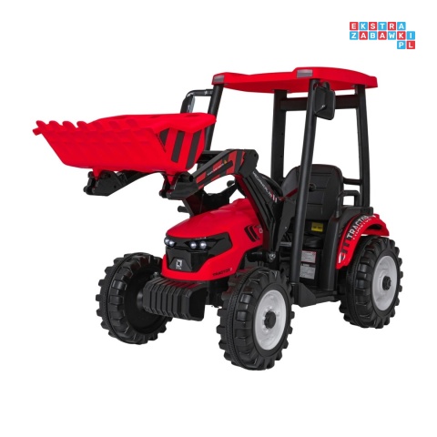 [JS3158B] Mega traktor D68 2x200W 24V/7Ah z łyżką i przyczepką ekoskóra, pilot, LED - czerwony