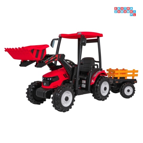 [JS3158B] Mega traktor D68 2x200W 24V/7Ah z łyżką i przyczepką ekoskóra, pilot, LED - czerwony