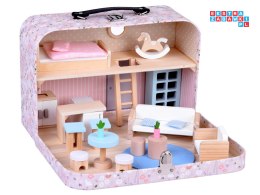 [ZA5930] Kwiecisty domek dla lalek w zamykanej walizce drewniane mebelki