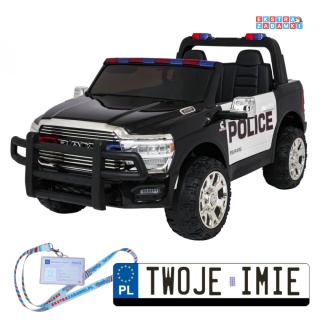 Czarne auto policyjny RAM 3500 na akumulator - 2x200W, 24V/7Ah, EVA, ekoskóra, policja - [JJ2599P]
