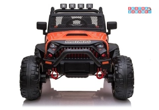 Pomarańczowy Pojazd terenowy Jeep na akumulator - 2x200W, 24V/7Ah, ekoskóra, Bluetooth, EVA, LED - [6514]