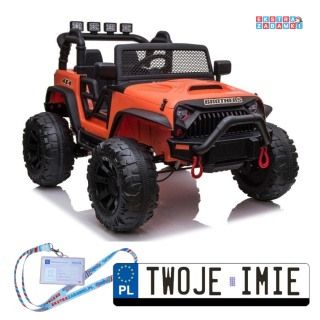 Pomarańczowy Pojazd terenowy Jeep na akumulator - 2x200W, 24V/7Ah, ekoskóra, Bluetooth, EVA, LED - [6514]