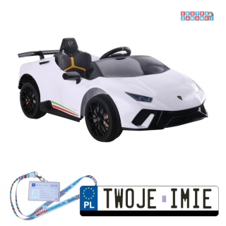 Białe Lamborghini Huracan na akumulator - 4x45W, 12V/4.5Ah, EVA, ekoskóra, panel audio, pilot - [6571]