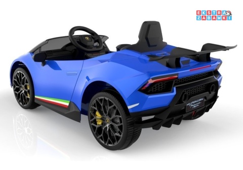 Niebieskie Lamborghini Huracan na akumulator - 4x45W, 12V/4.5Ah, EVA, ekoskóra, panel audio, pilot - [6576]