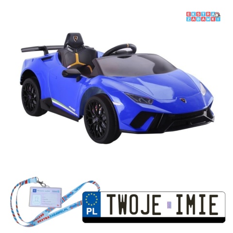 Niebieskie Lamborghini Huracan na akumulator - 4x45W, 12V/4.5Ah, EVA, ekoskóra, panel audio, pilot - [6576]