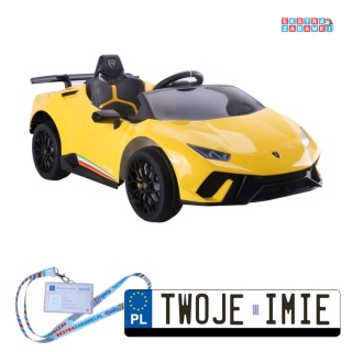 Żółte Lamborghini Huracan na akumulator - 4x45W, 12V/4.5Ah, EVA, ekoskóra, panel audio, pilot - [6574]