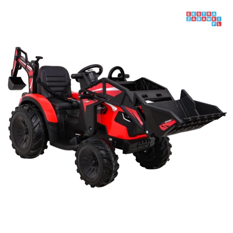 [SX2068] Wielki traktor 720-T z przyczepką i łyżką na akumulator 2x200W 24V/10Ah ekoskóra pilot pokrowiec MP3 - czerwony [S]